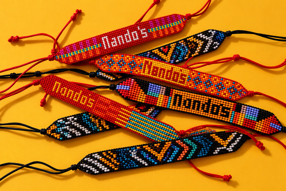 A beaded leopard bracelet displayed on a kraft tube