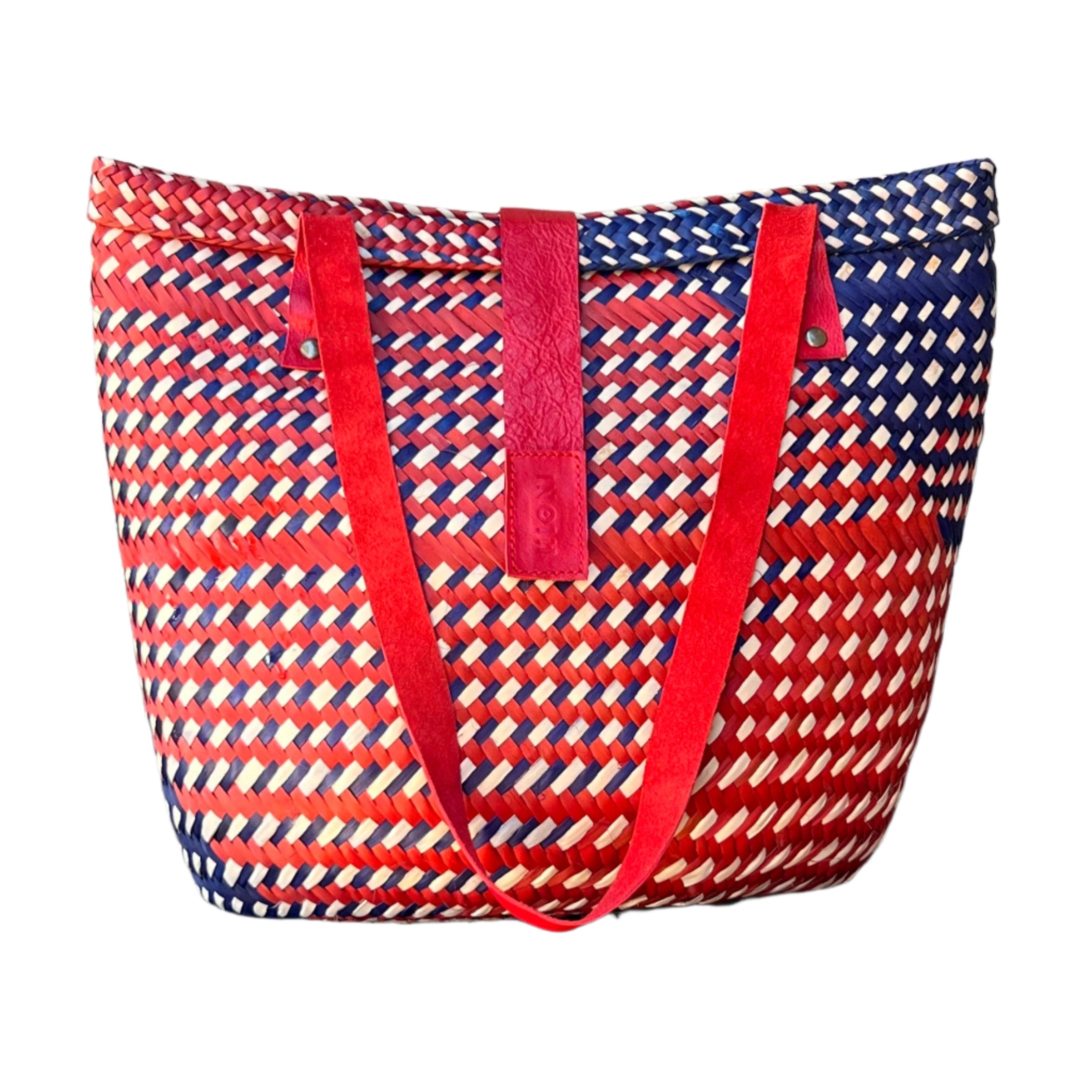 Two Tone Blue and Red Short Stripes Handbag
