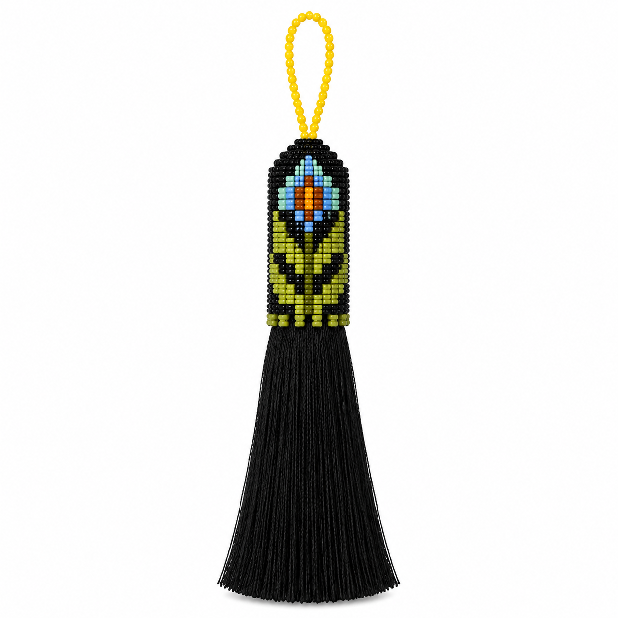 A black beaded tassel ornament with a yellow loop at the top, featuring a geometric pattern in green, yellow, blue, and orange on a white background.