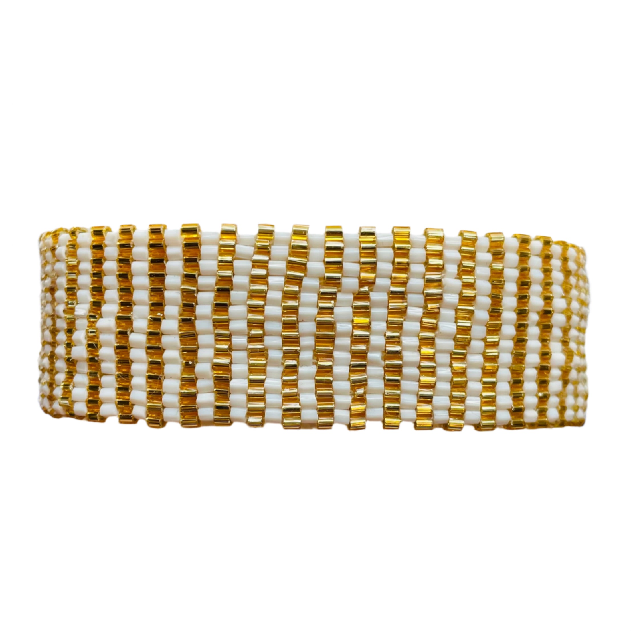 Miyuki Sparkle Gold and White Vertical Stripes Bracelet (LANB12695)
