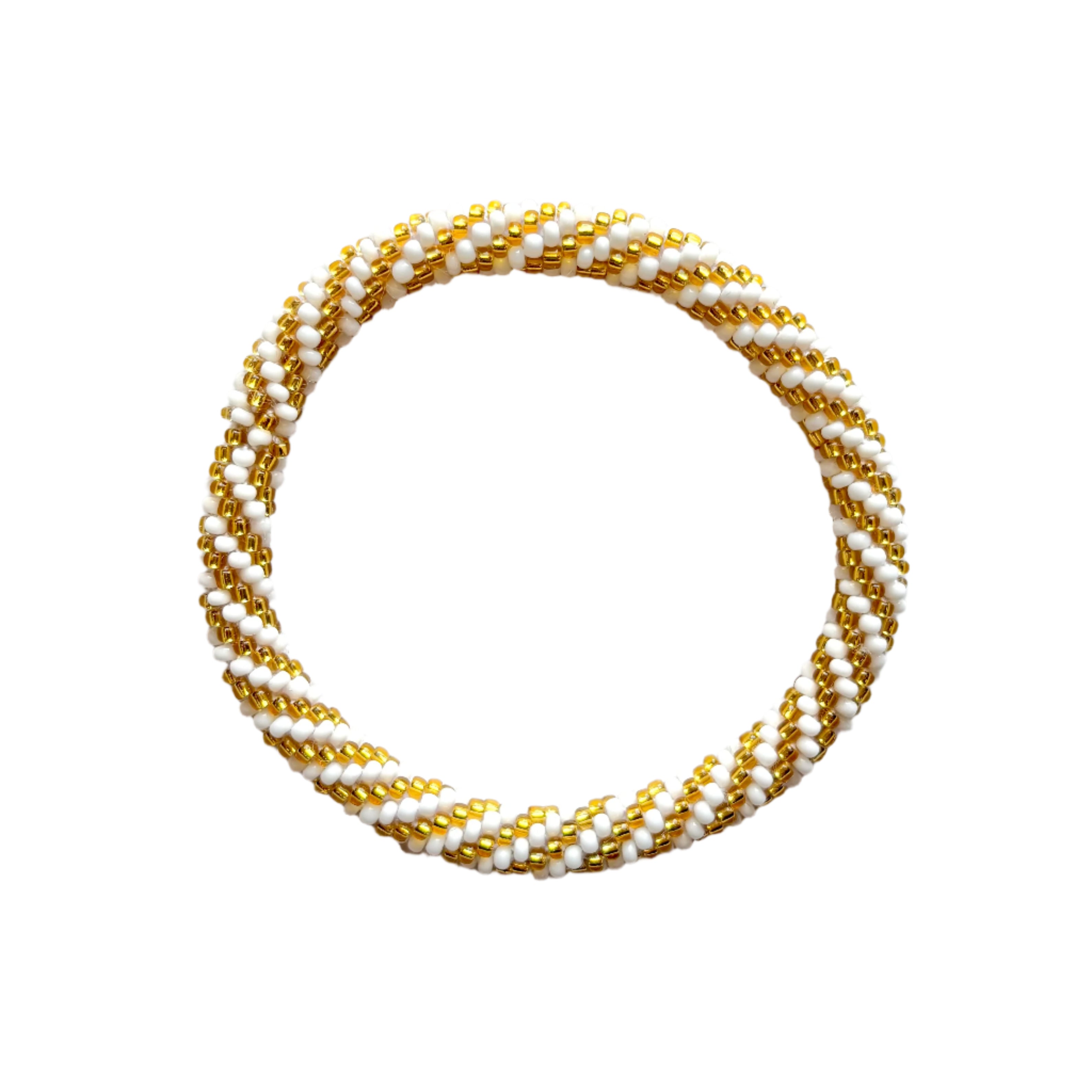 Crocheted White and Gold Diagonal Stripes Bracelet (LANB12815)