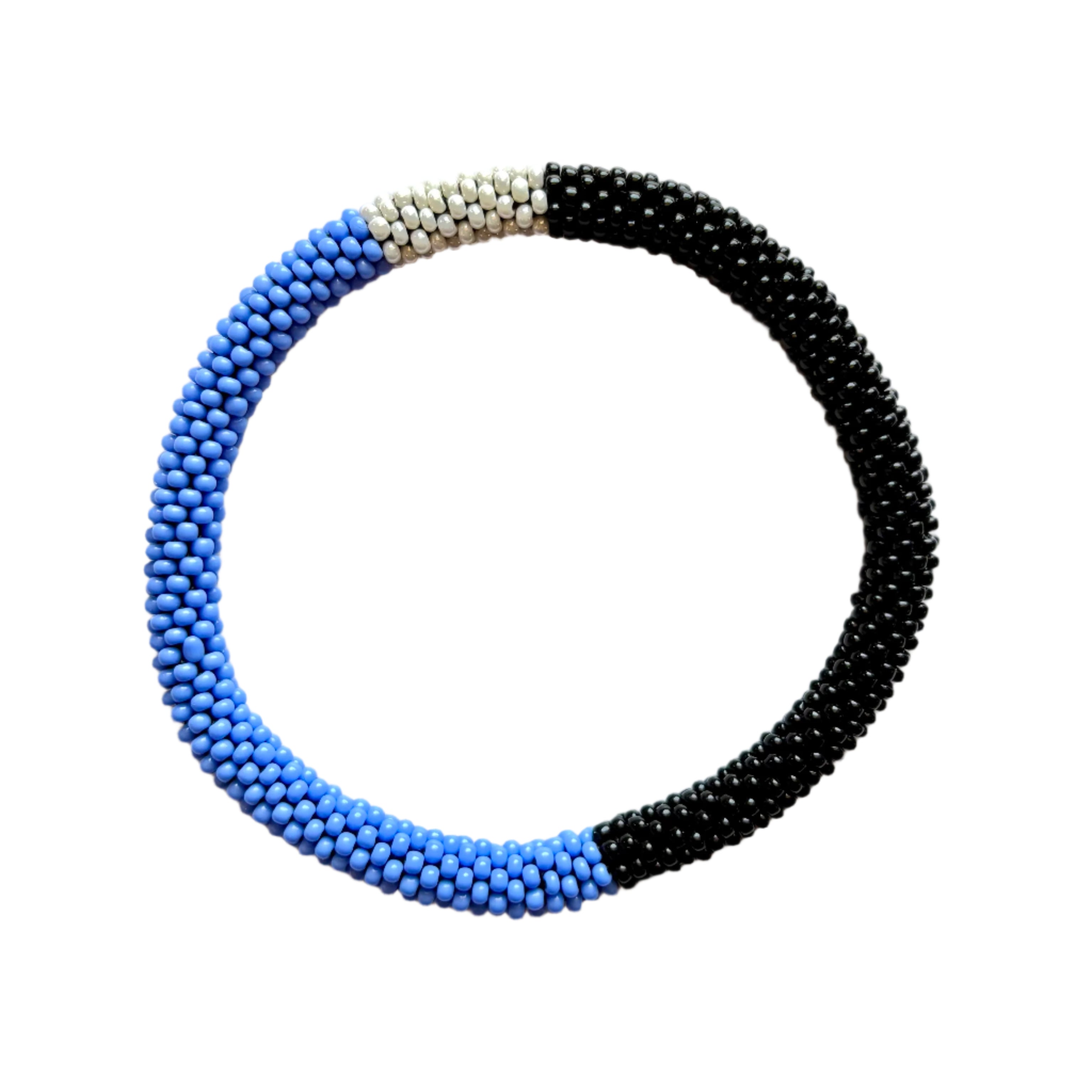 Crocheted Two Tone Blue and Black with White Centre Bracelet