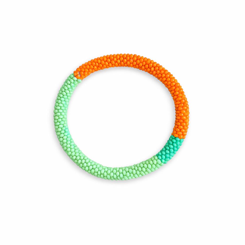 Crocheted Two Tone Lime Green and Orange with Dark Green Centre Bracelet