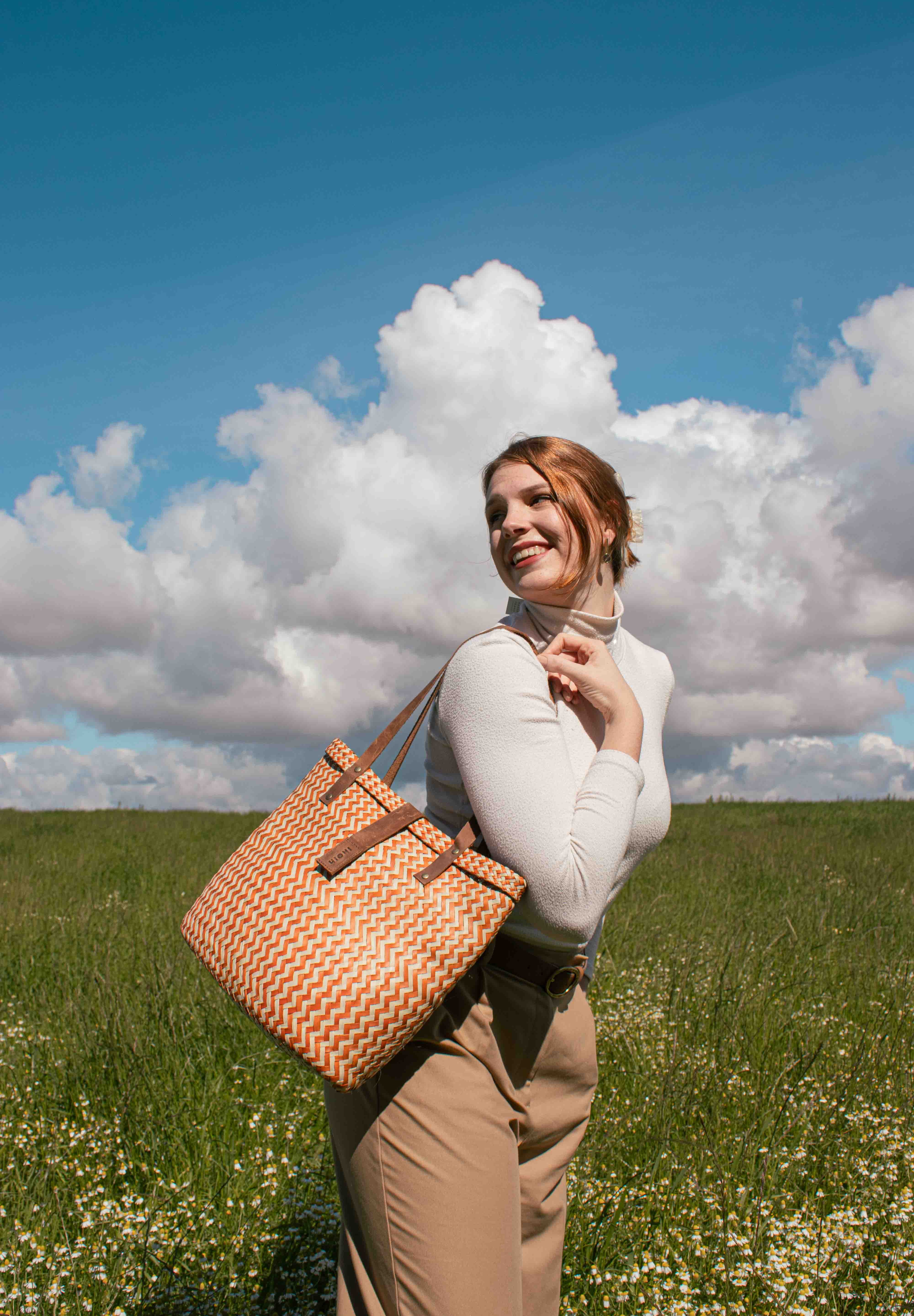 Orange and Neutral Vertical Zig-Zag Handbag