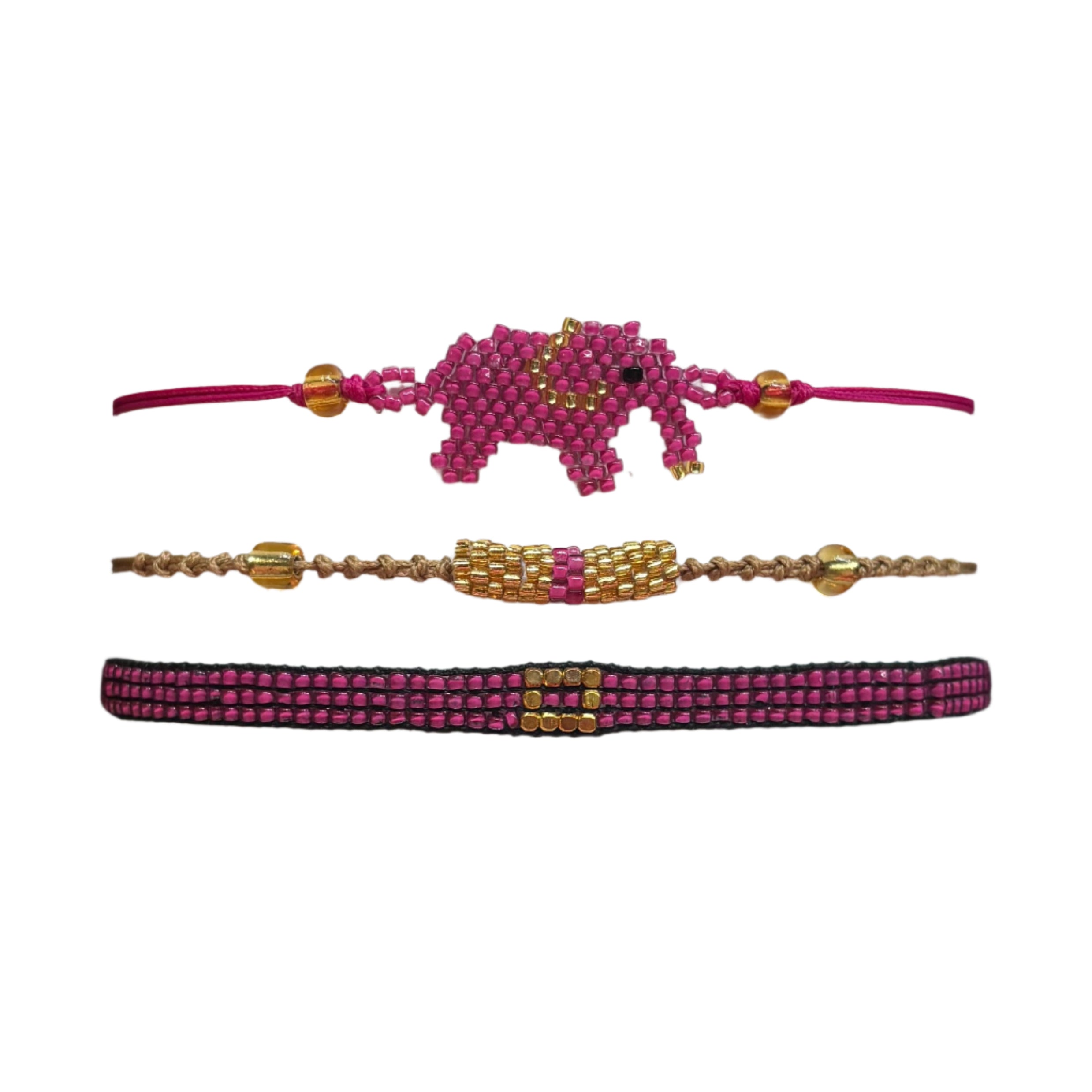 Cerise Pink and Gold Elephant Bracelets Set