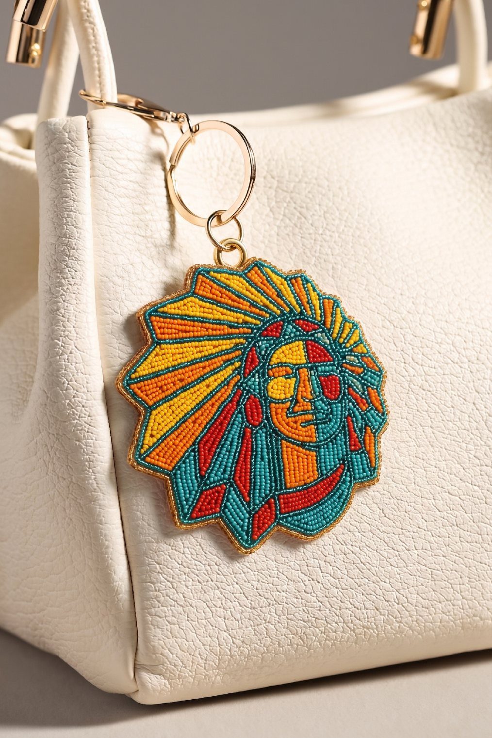 A beaded keyring on a cream handbag, made as a custom corporate gift